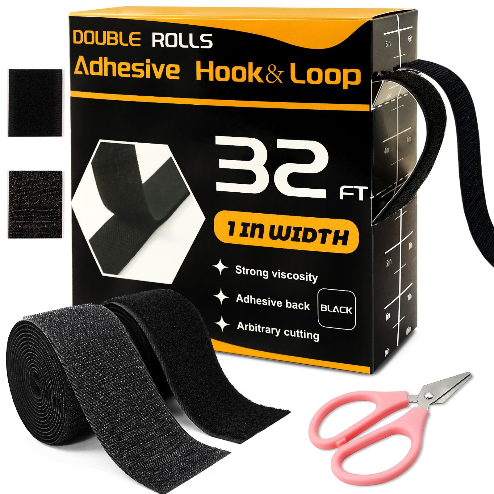 32 Ft × 1 Inch Hook and Loop Strips with Adhesive, Nylon, 2 Rolls Black