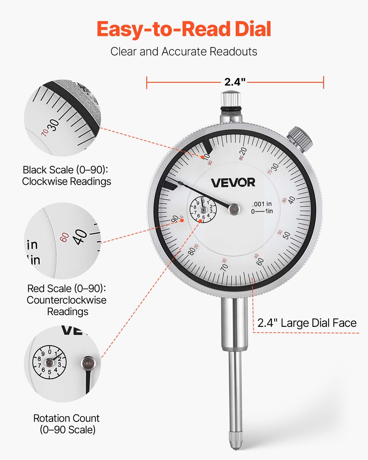 VEVOR Dial Test Indicator Magnetic Flexible Base 0.001in Accuracy 0-1 Range