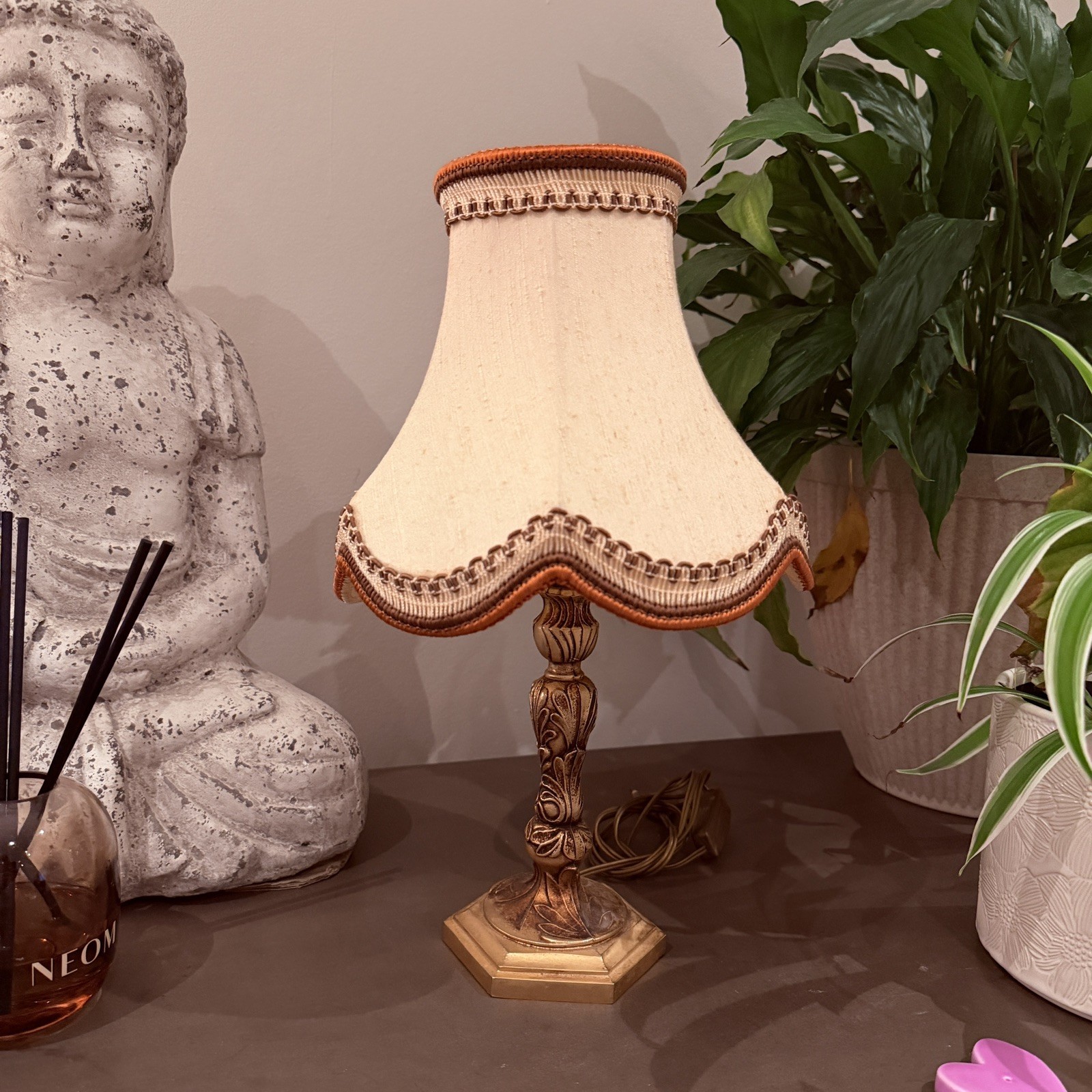 Vintage Ornate Table Lamp With Shade Brass Effect Bedside Lamp Retro Lighting
