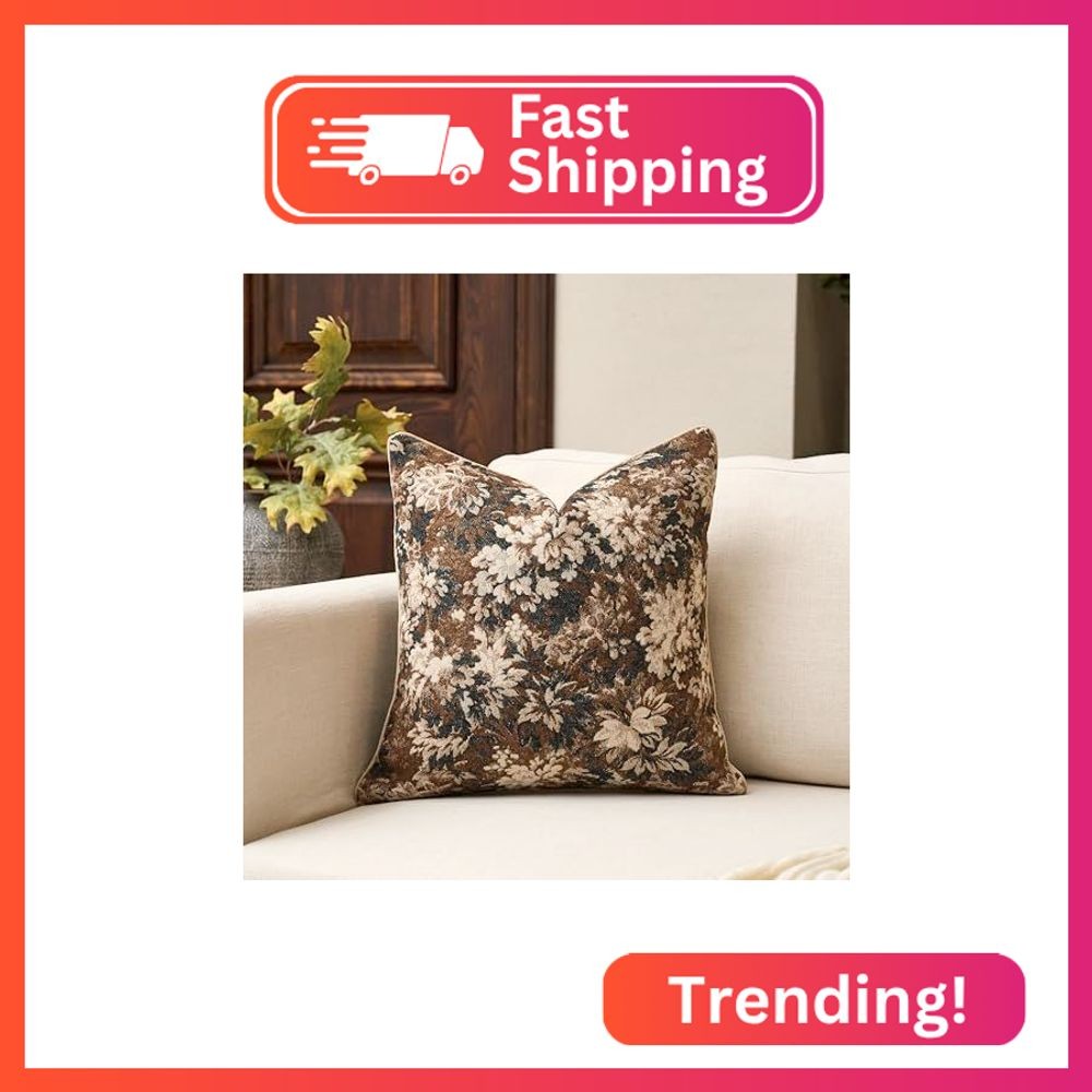 Yangest Neutral Floral Pillow Cover 18 x18 Inches, Vintage Chenille Square Throw