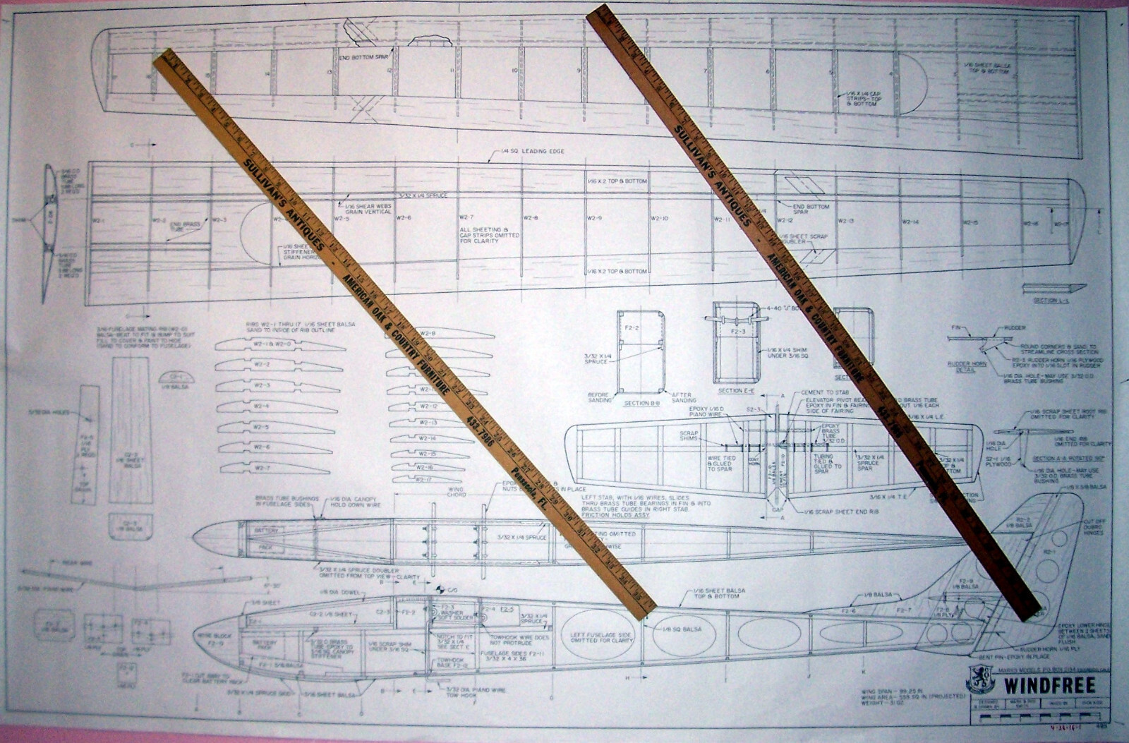 RCM WINDFREE PLAN + BUILDING ARTICLE for a 99" Wing Span RC Model Sailplane