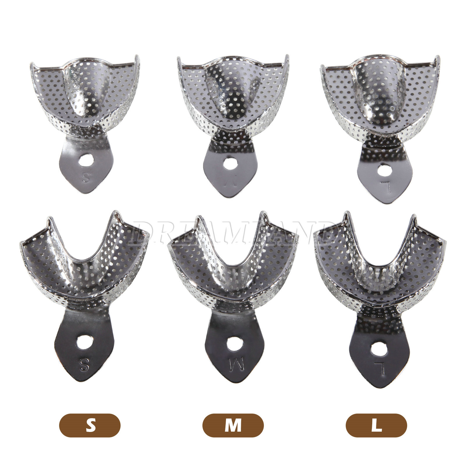 6 Metal Dental Impression Trays set Perforated Upper + Lower Denture Instruments