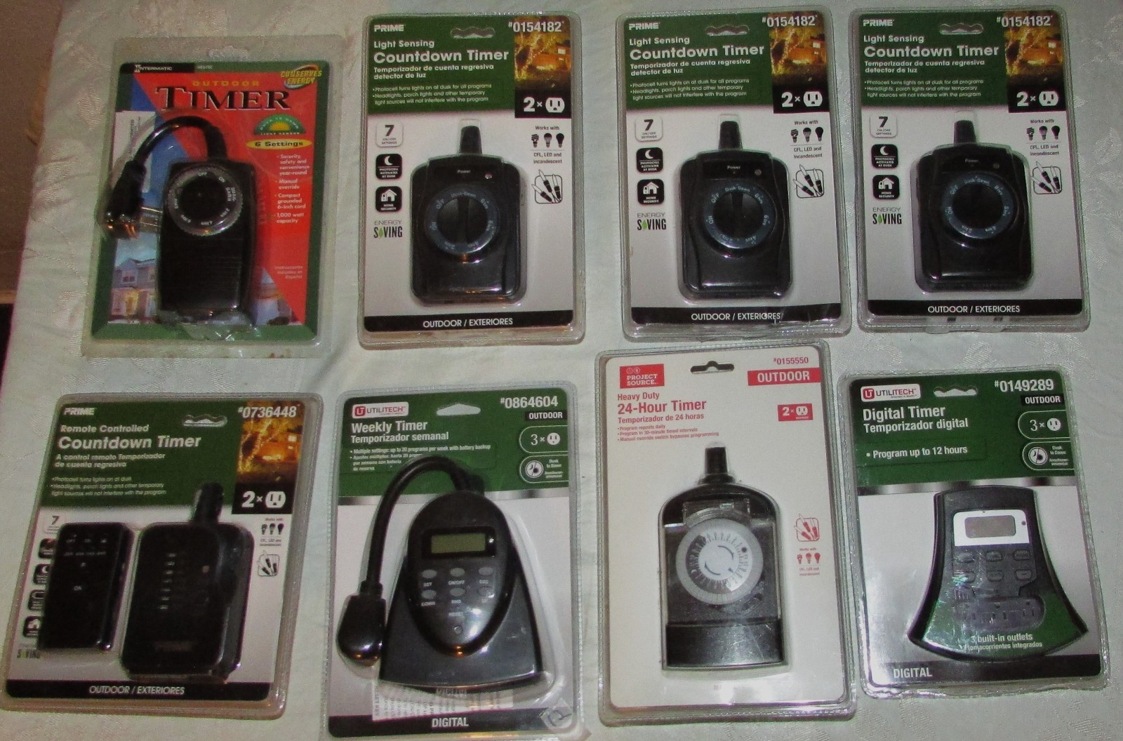 LOT OF EIGHT MISC. OUTDOOR TIMERS FOR CHRISTMAS OR SECURITY LIGHTS, NEW - SEALED