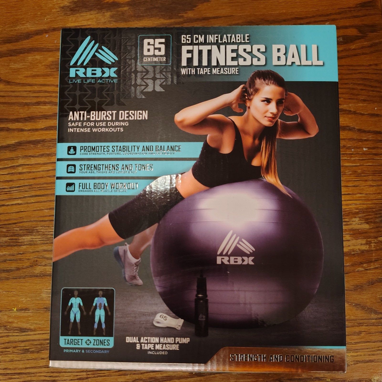 Brand New - RBX 65cm Inflatable Fitness Ball With Hand Pump - Purple