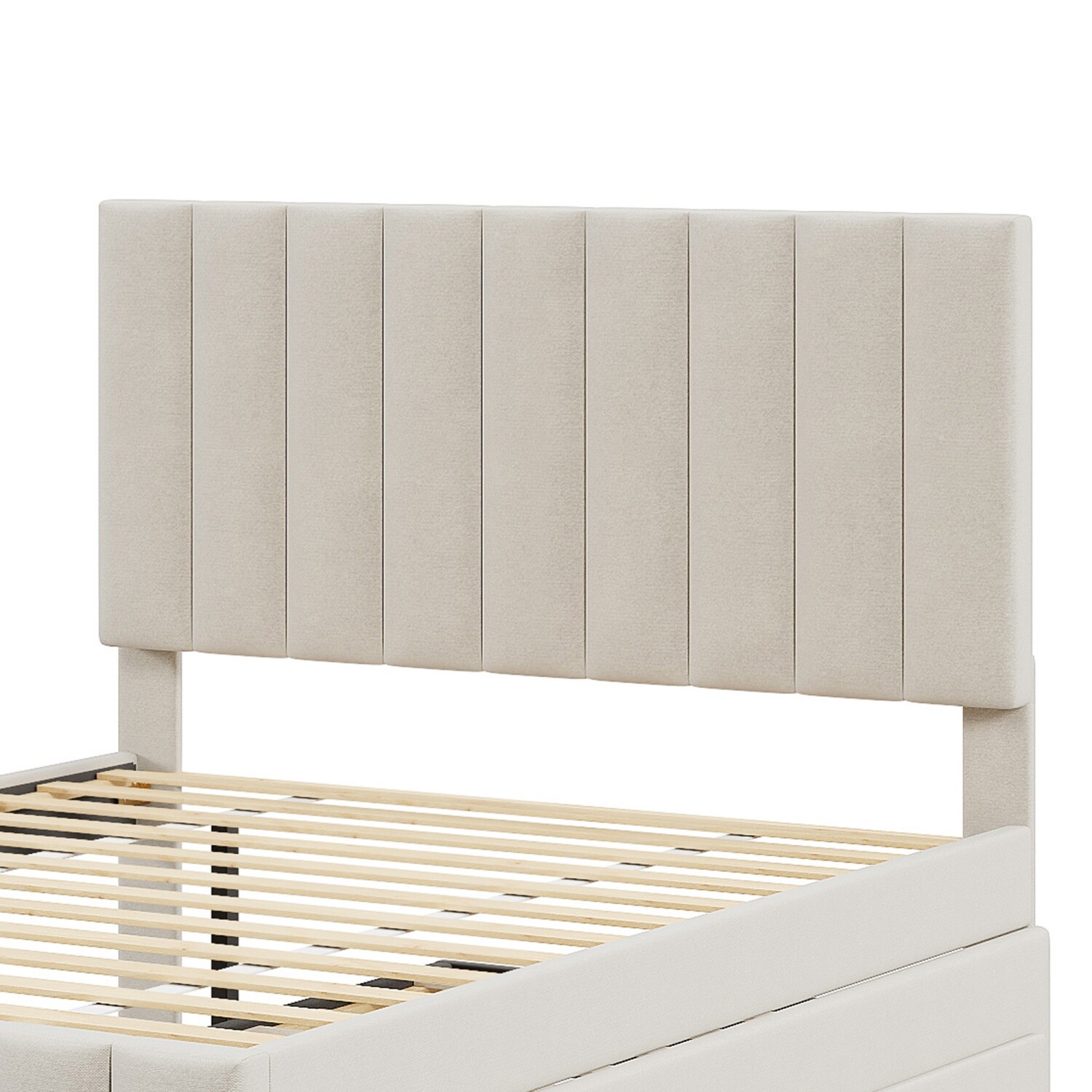 Full Size Bed Frame Upholstered Platform Bed w/ Pull Out Trundle & 3 Drawers