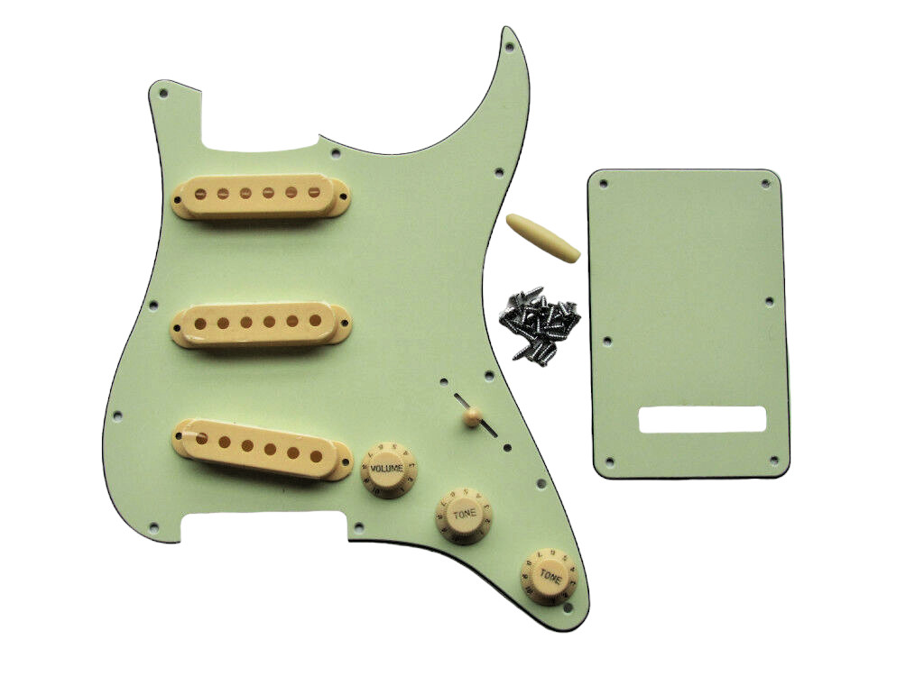 Mint 3-ply Strat SSS Pickguard Kit , Cream knobs, and Cream Covers for Strat®
