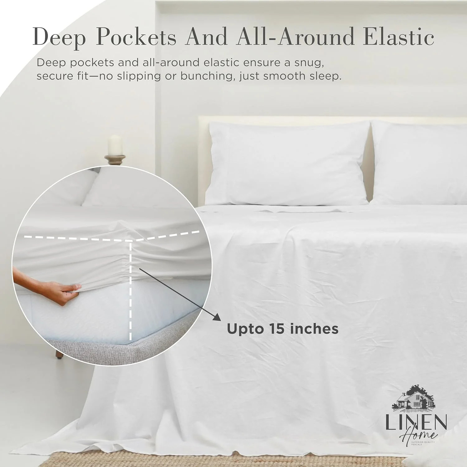 Washed Cotton Percale Fitted Sheet Queen Size White 1 Deep Pocket Fitted Shee...