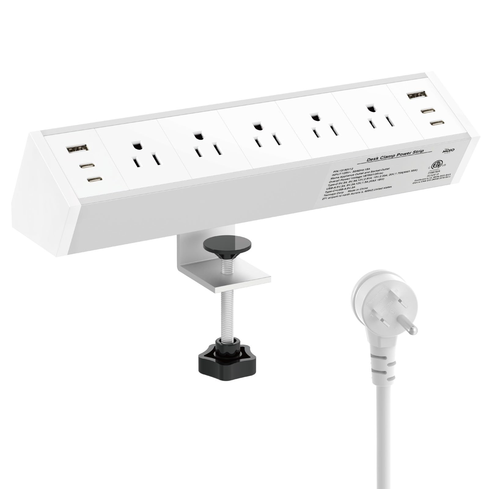Desk Clamp Power Strip 5 Outlet 2 USB A 4 USB C Charging Station White 6ft