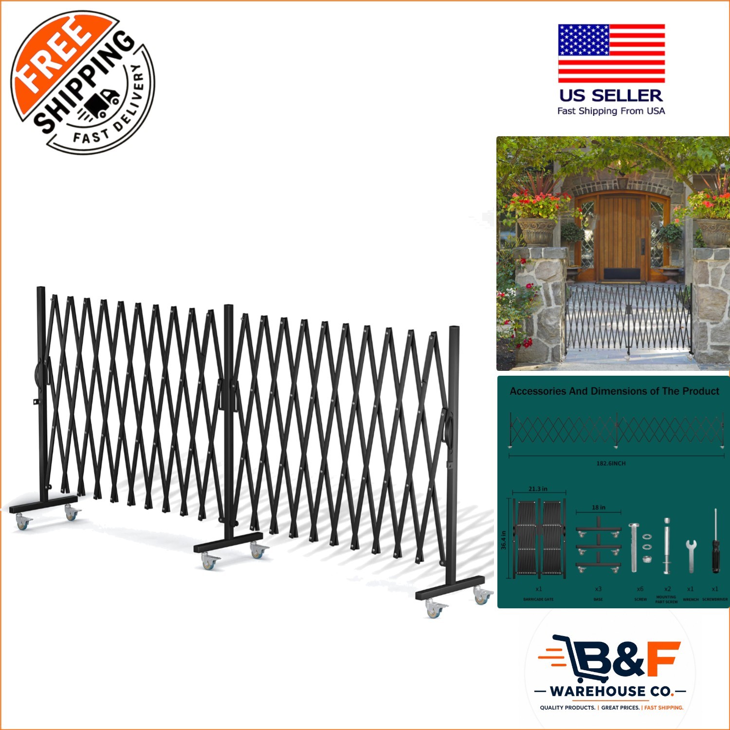 Portable Folding Security Gate for Garden and Home - 182.6” Adjustable Barrier