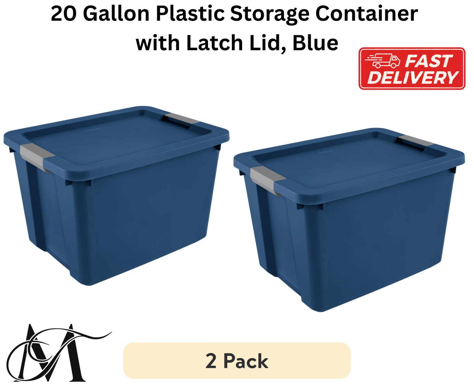Large Storage Bin, 20 Gallon Plastic Storage Container with Latch Lid, Blue 2 PK