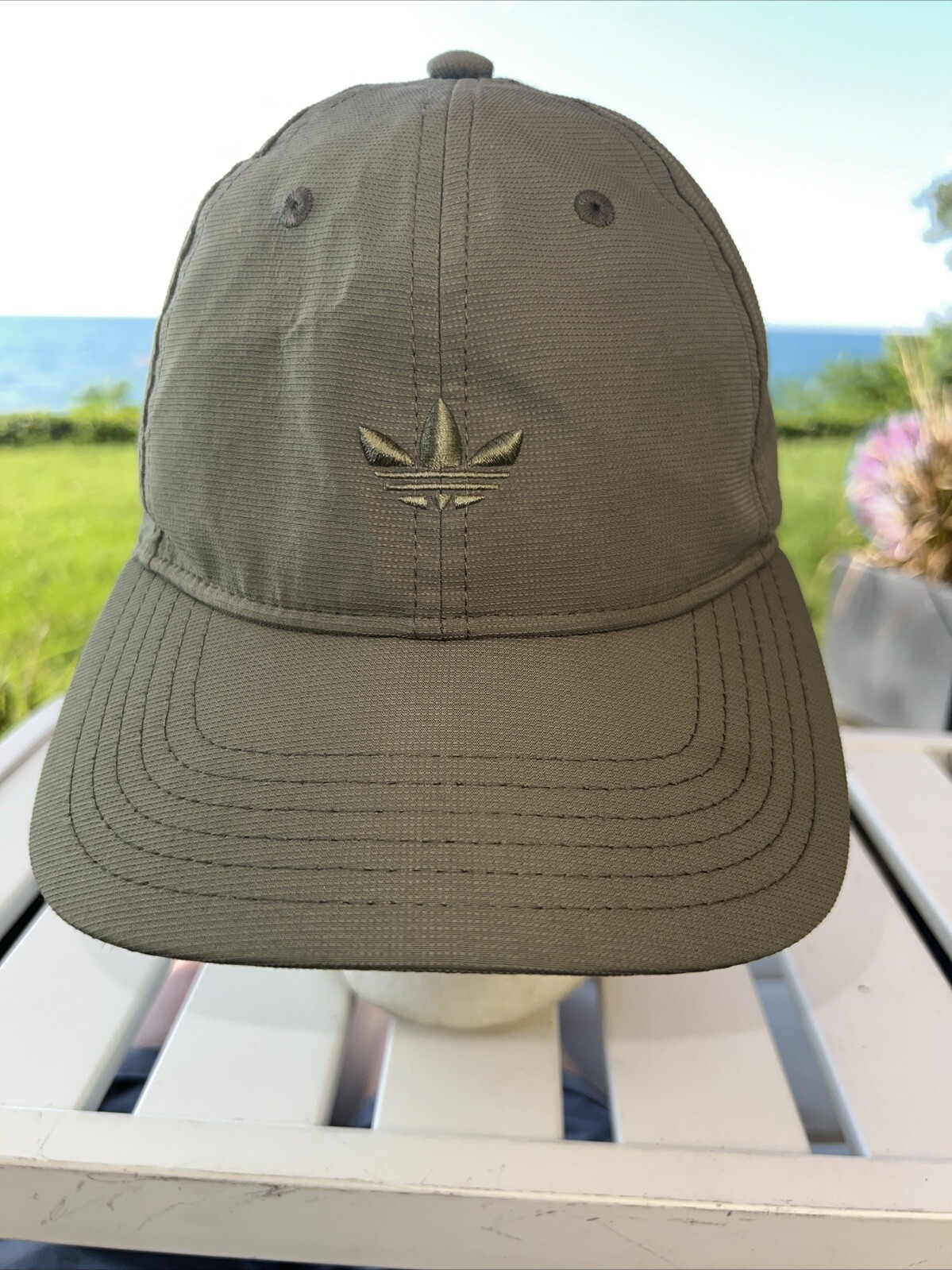 Adidas Logo on Front of Light Olive Lite Wt Hat Cap Polyester Hook Loop EUC