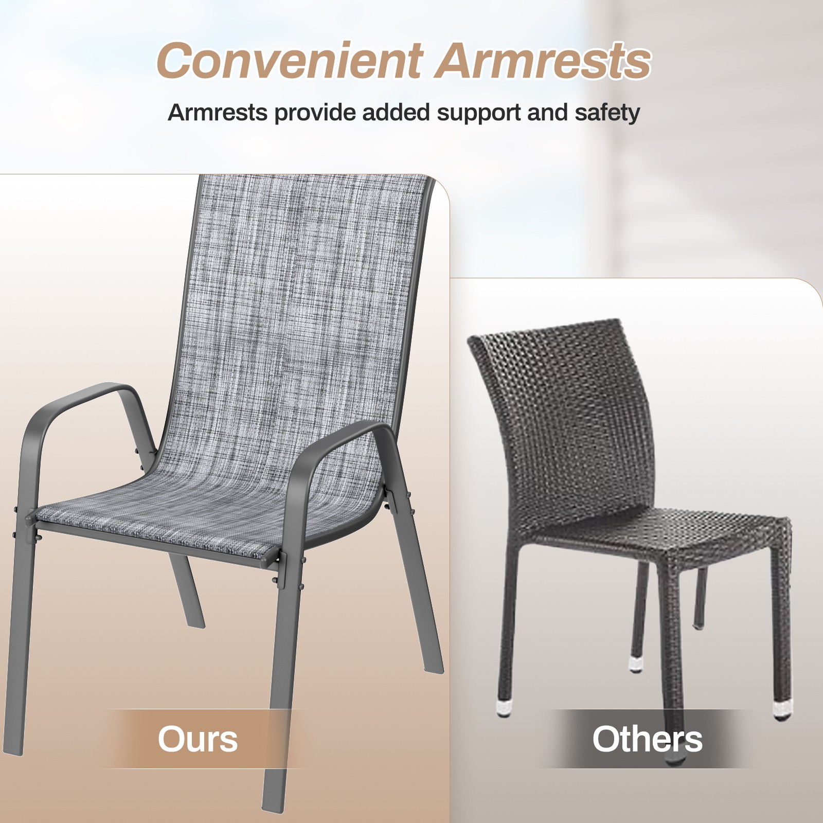 Set of 6 Patio Dining Chairs Outdoor Stackable Armrest Chairs for Backyard