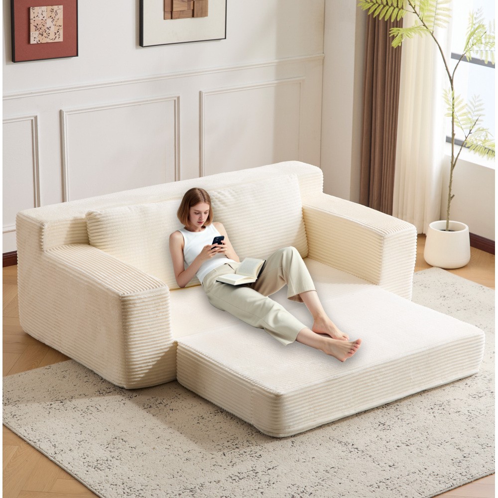 Modern Loveseat Sofa Bed w/Reversible Cushion & Pillows, White Corduroy