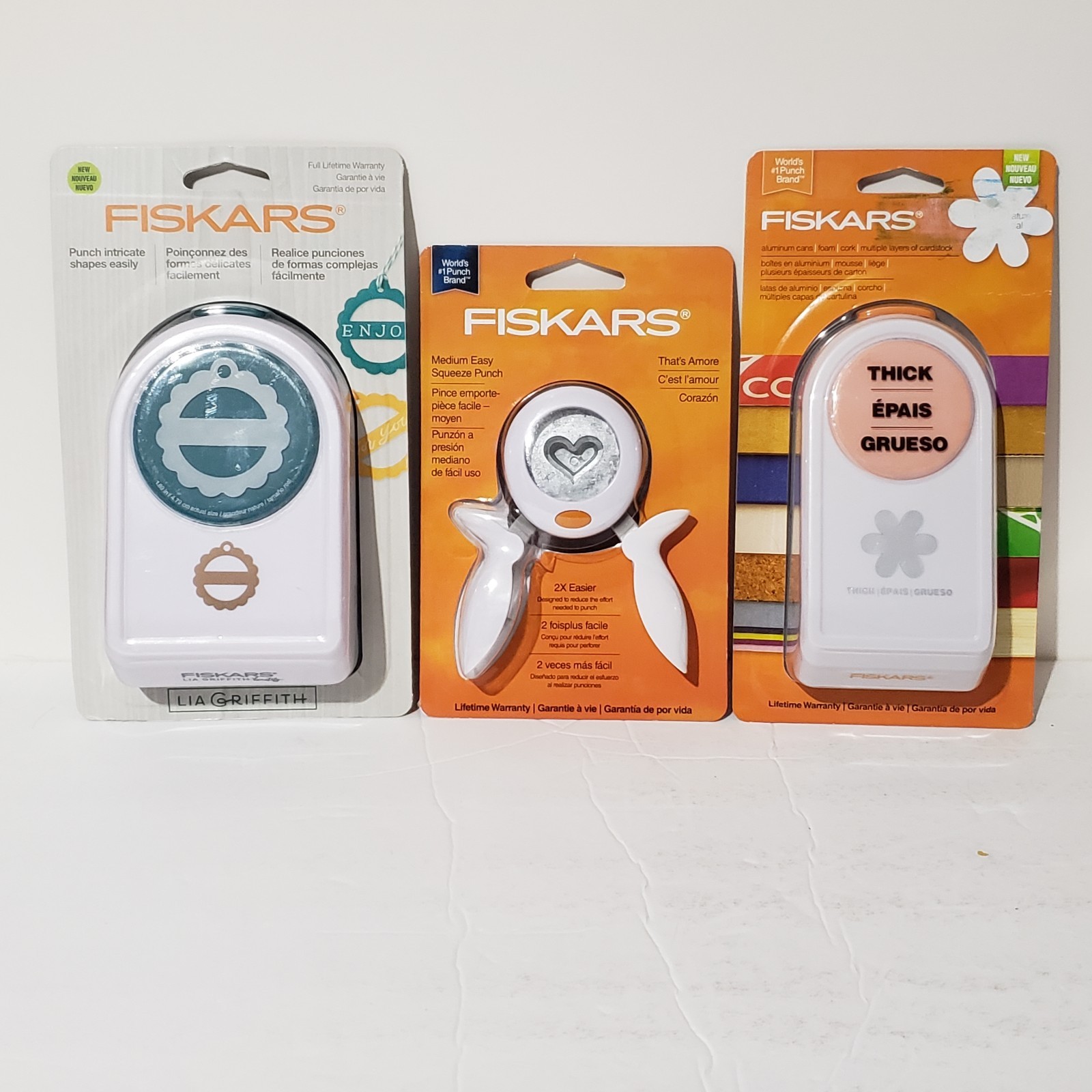 Lot Of 3 NEW Fiskars Paper Punches Heart Scalloped Tag Flower