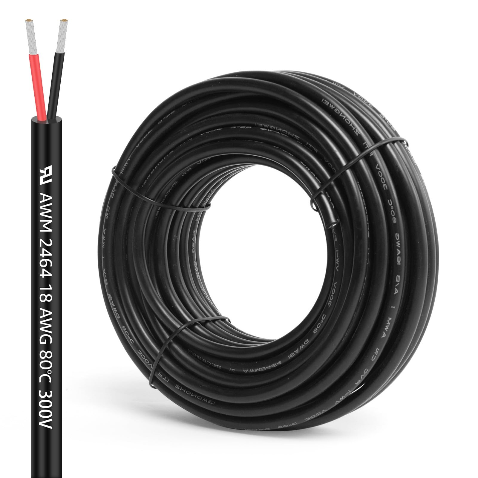 18 Gauge 2 Conductor Electrical Wire, 30FT 18AWG Stranded PVC 30FT, Black