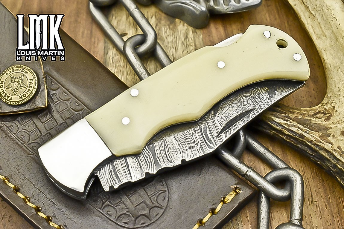 LMK Custom Twist Damascus Pocket Folding Knife Bone Back Lock Hiking Razor Sharp