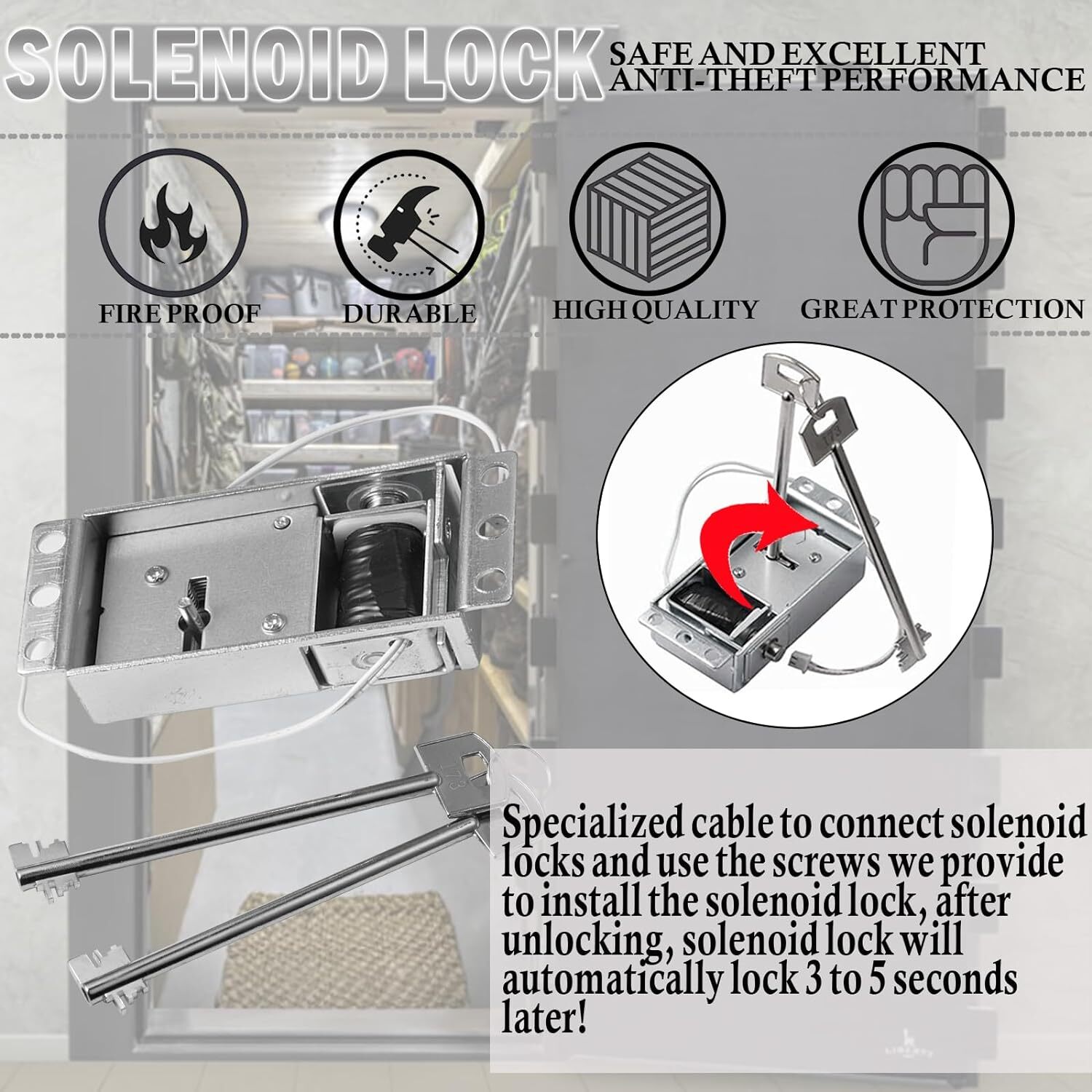 Gun Safe Lock Replacement with 2 Override Keys & Solenoid Black Keypad Safe Lock