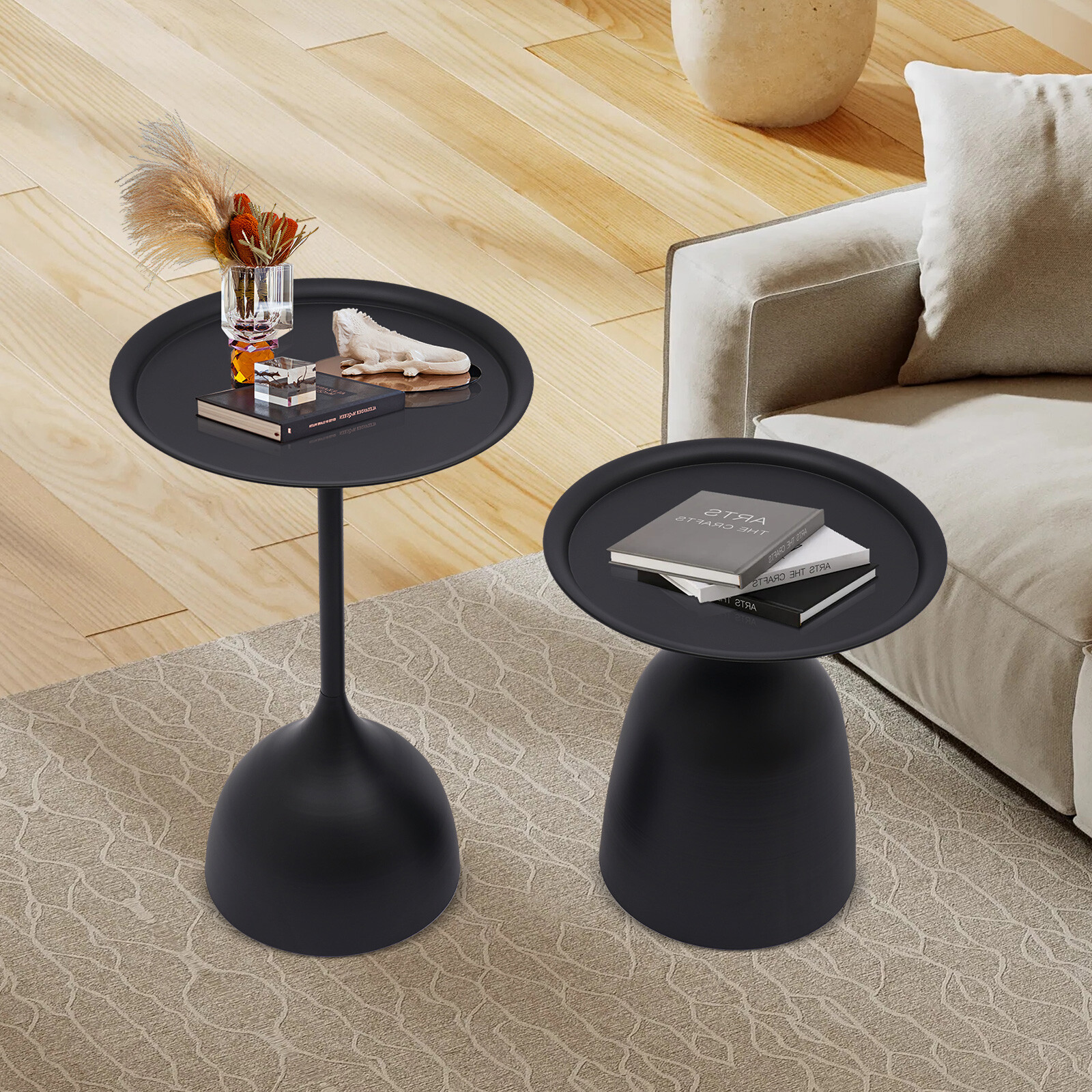 Matte Black 2-Piece Round Iron Side Table Set 23.6" & 16.9" For Living Room