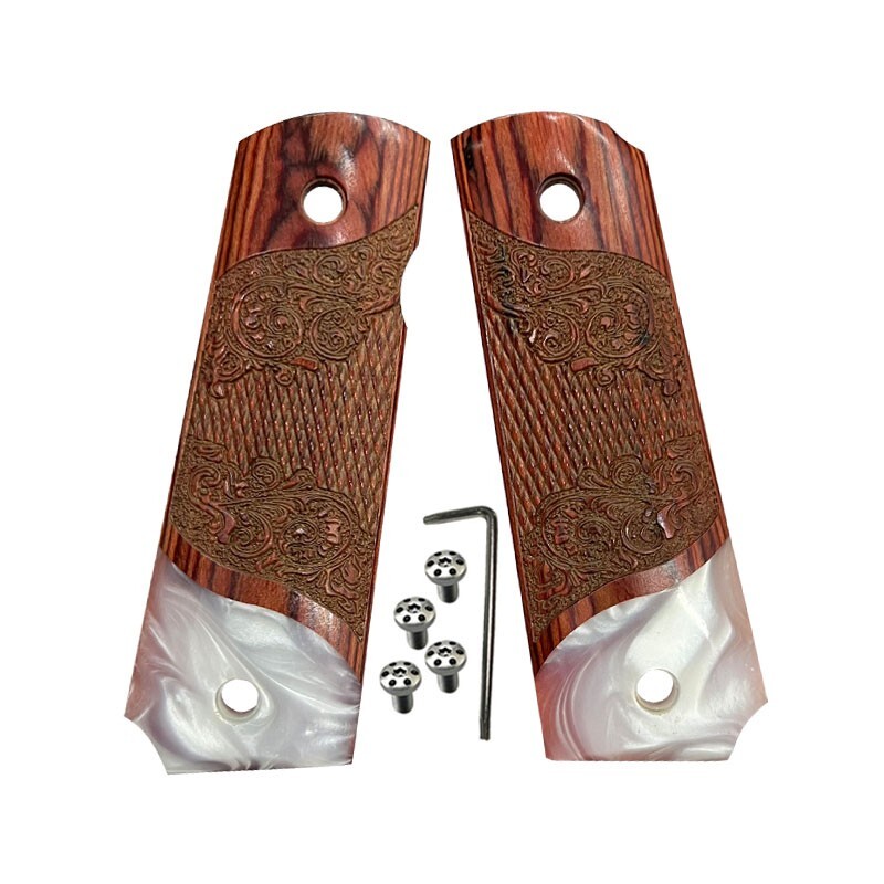 1911 GRIPS Colt & Clones Gun Mother of Pearl Carved Rosewood Bottom Pearl