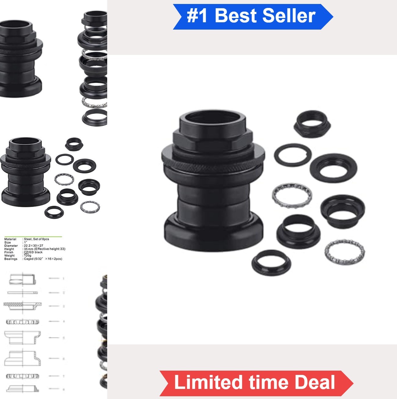 Bicycle Headset 8 Pieces 1 Inch Threaded Steel Black 22.2 30 27mm For 30mm Head