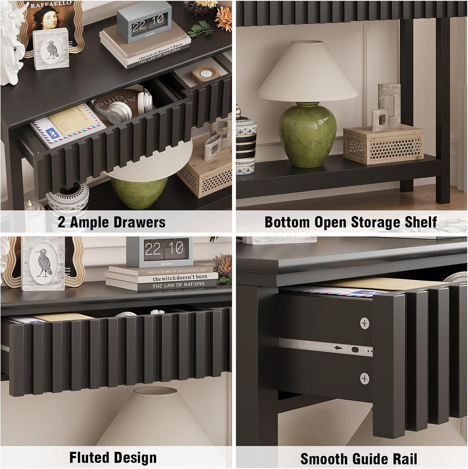 Fluted Console Table with 2 Drawers Narrow Sofa Table with Open Storage Shelf Mo