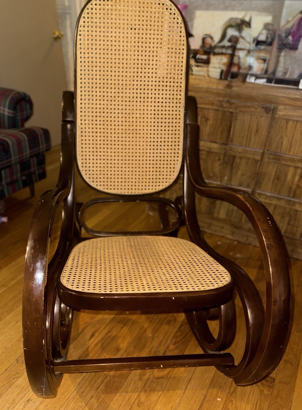 Thonet Mid-Century Bentwood Cane Rocking Chair Dark Wood Brown Beige 40x19x36in