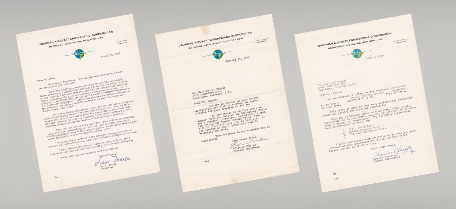 1968 Grumman Apollo-Era Employment Letter Set 3 Docs, Grumman President Signed