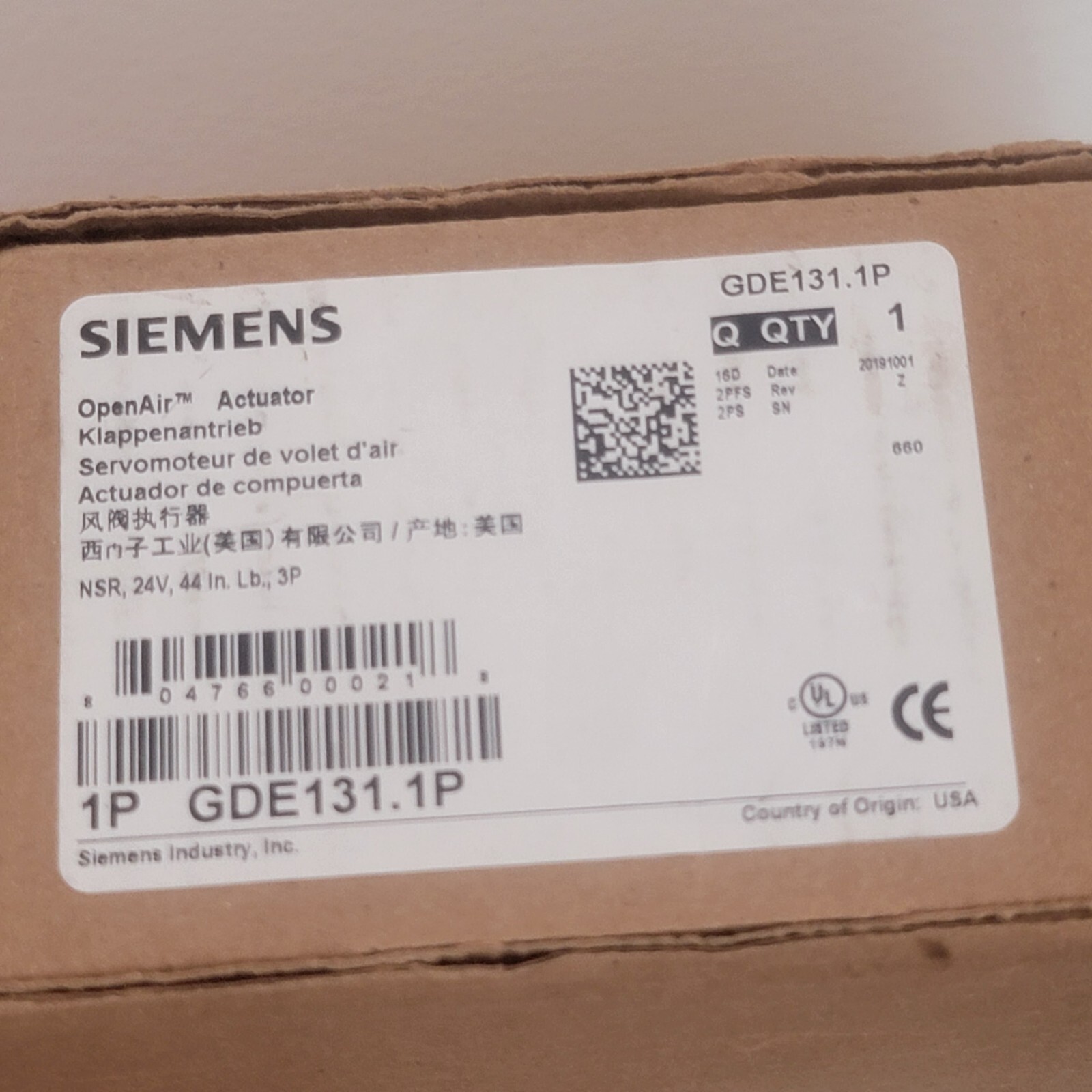 SIEMENS GDE131.1P Open Air Electronic Damper Actuator 44" lb. 3P