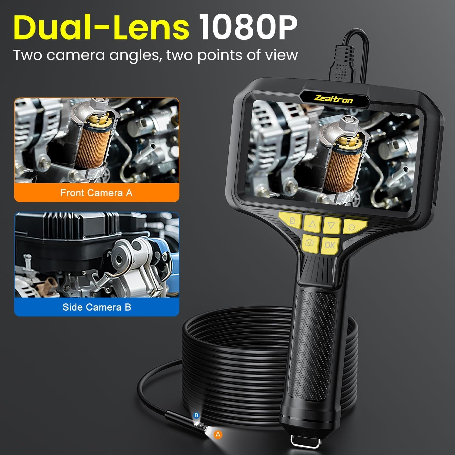 Dual Lens Endoscope Camera with Light, 5.0'' IPS Screen Inspection Camera, 10...
