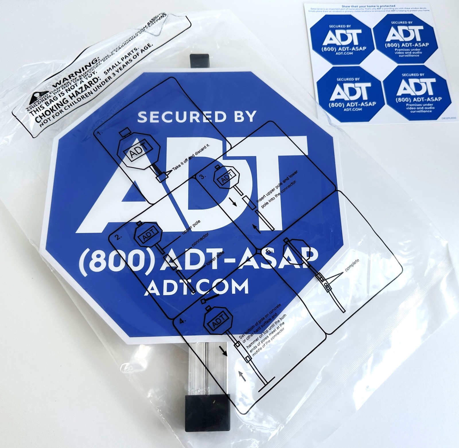 Genuine ADT Security Yard Sign with Post + 4 Window Decals -Shipped in New Box