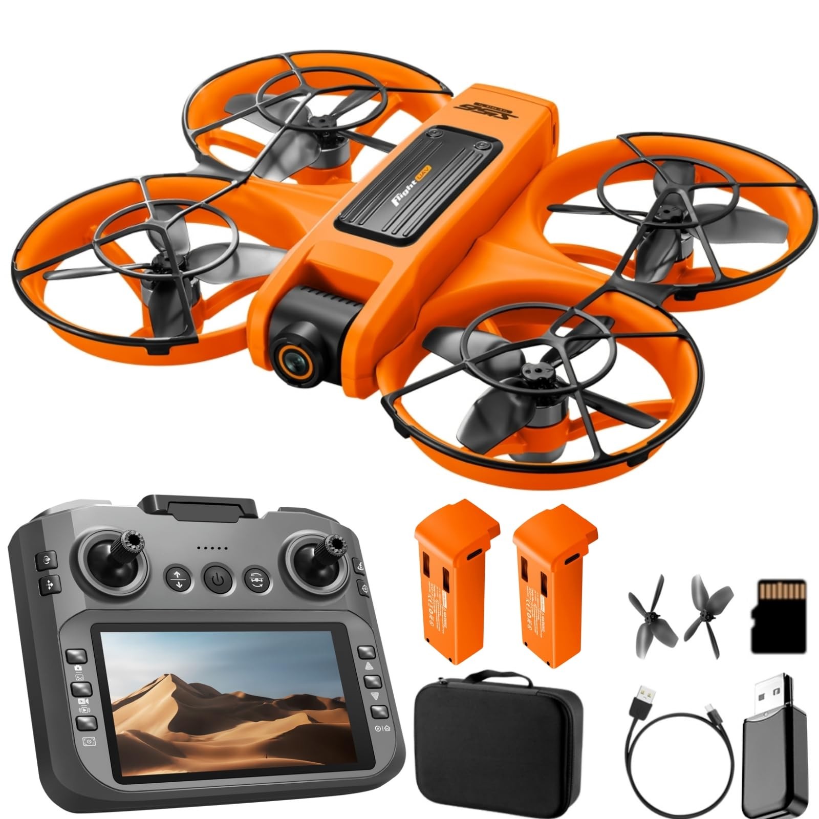 RC Drone With Screen On Controller (4.92in), UHD Dual Camera, Orange