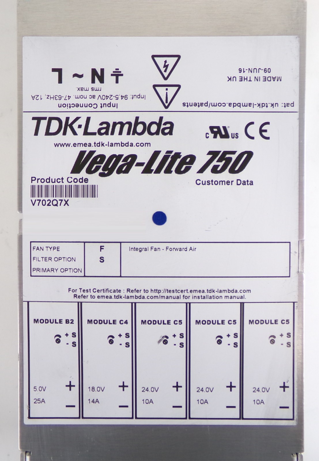 TDK-Lambda V702Q7X Modular Power Supply Vega-Lite 750 Working Surplus