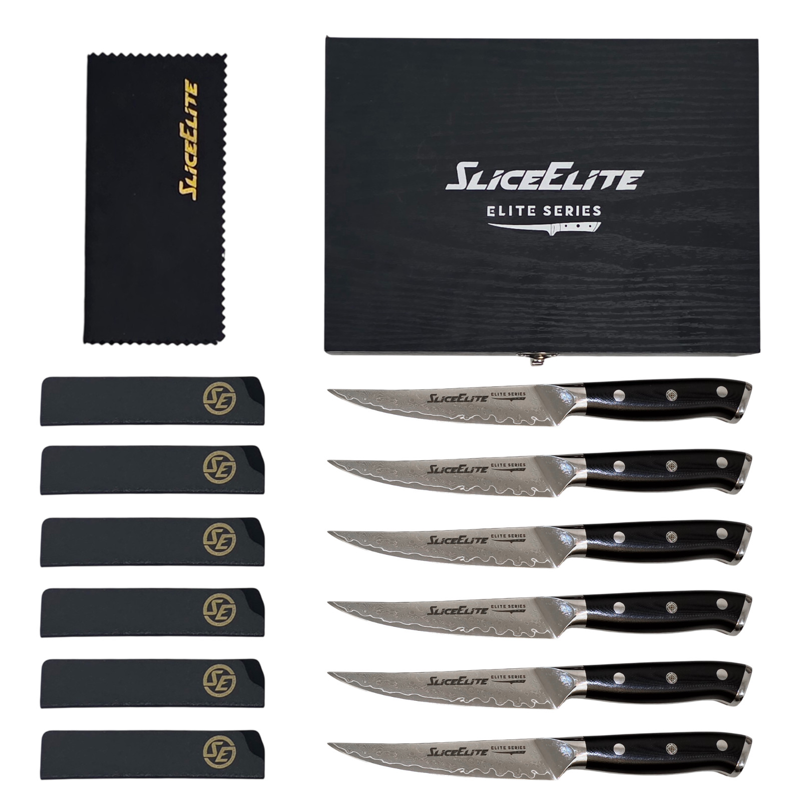 SliceElite 6-Piece Steak Knife Set VG10 Damascus Steel 5" Blades G10 Handle