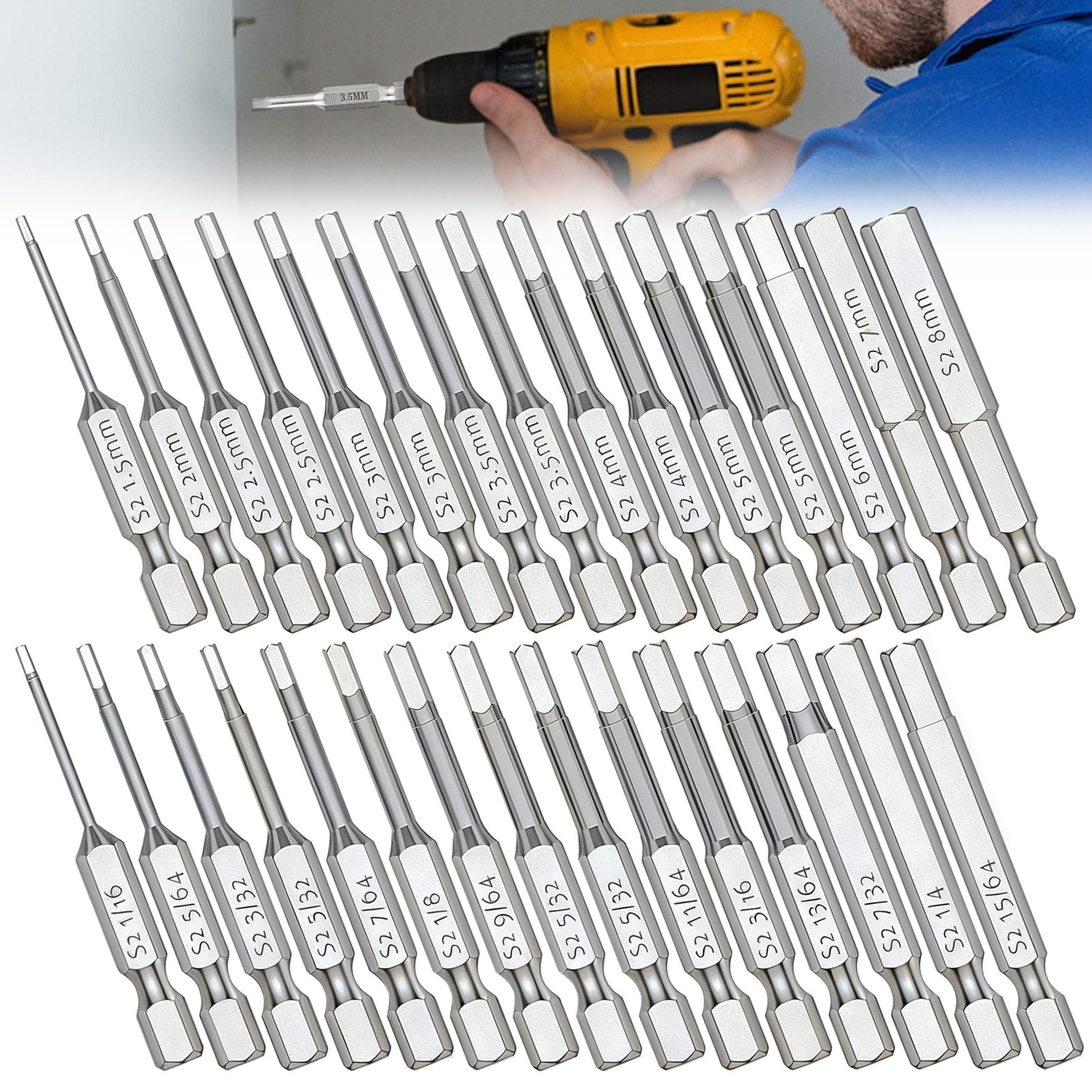 30x Impact Hex Head Allen Wrench Drill Bit Set 1/4"Shank Metric SAE Magnetic Tip
