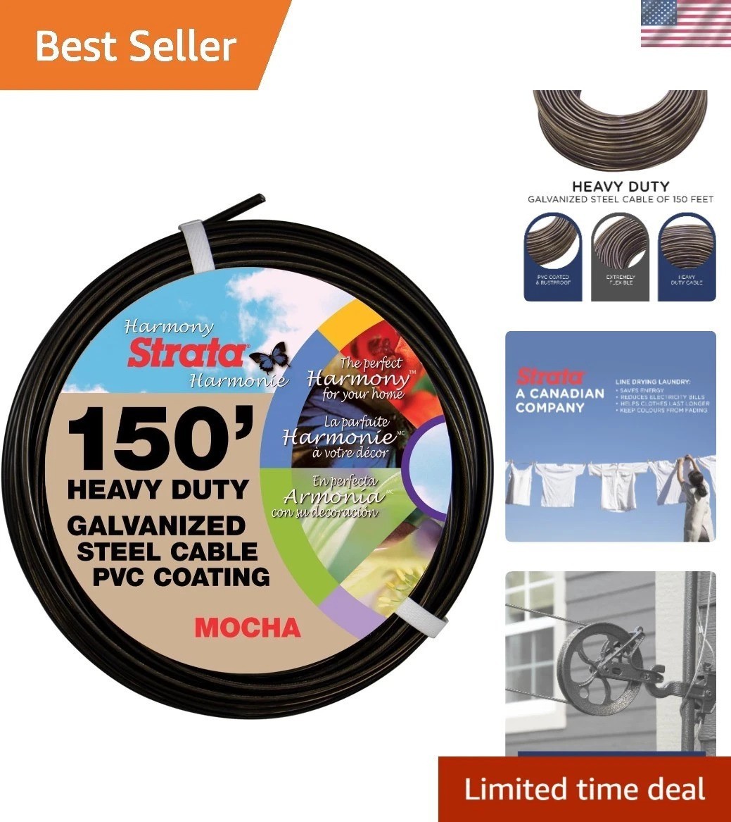 150 Feet Clothesline Outdoor Heavy Duty Galvanized Wire Steel Cable, Mocha PV...