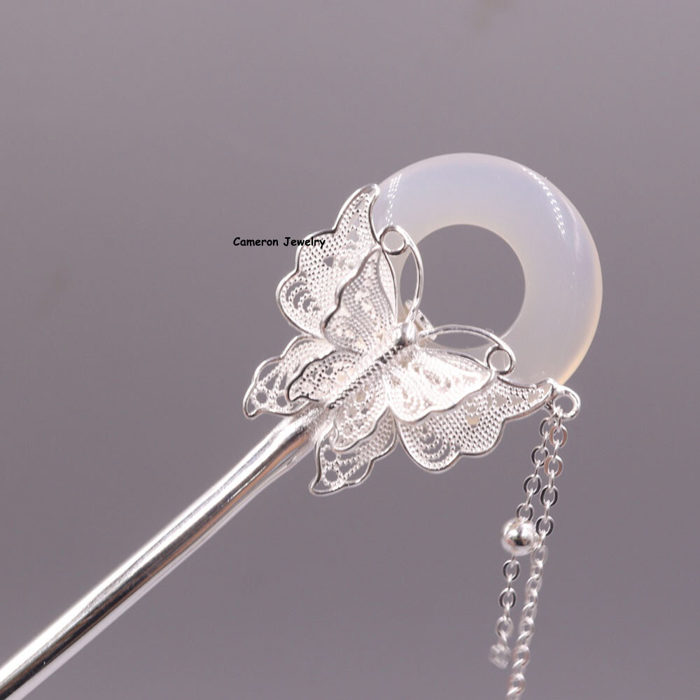 Pure S925 Sterling Silver Hairpin Chalcedony Butterfly Circle Peace Hair Stick