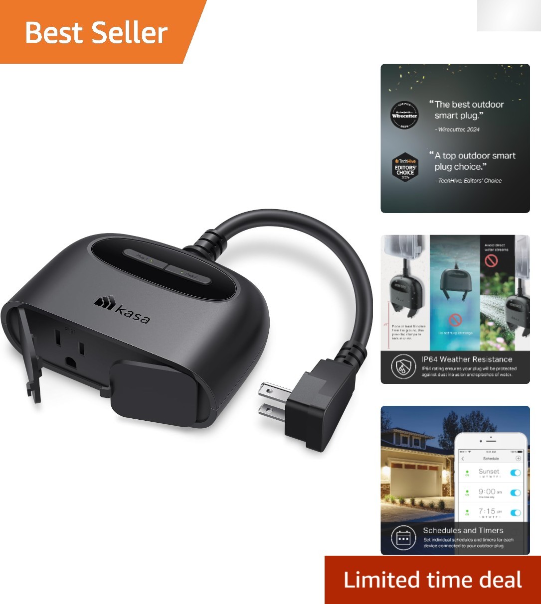 Weather-Resistant Kasa Smart Plug - Remote Control with 2 Outlets, Black