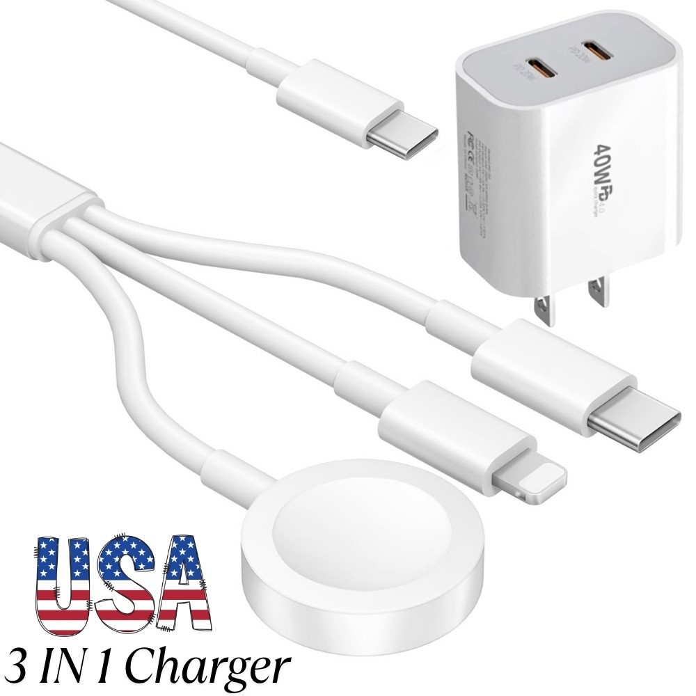 PD 40W USB-C Fast Wall Charger 3 in 1 Charger Cable for iWatch & iPhone Series