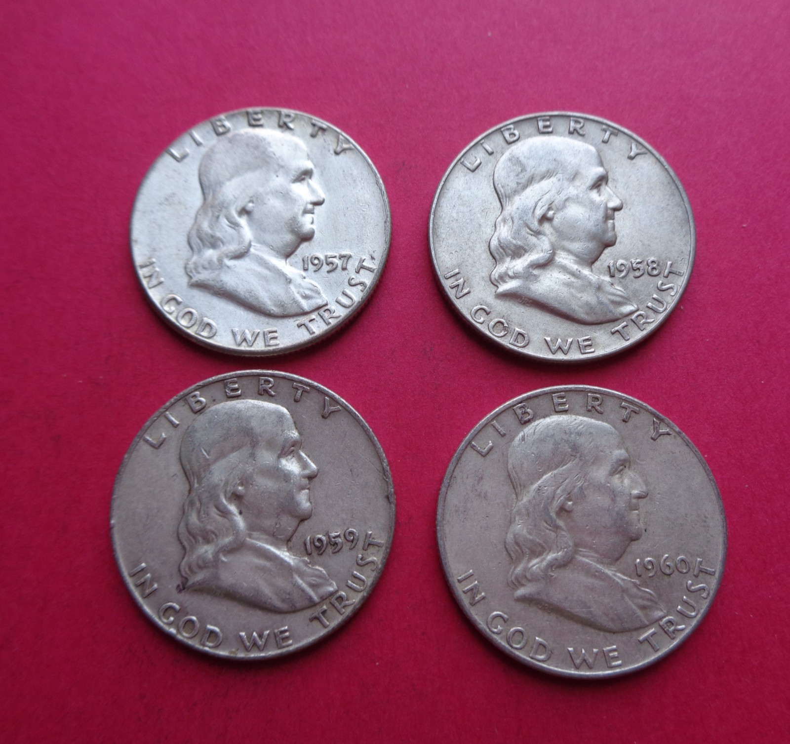 1957,1958-D,1959-D & 1960-D LOT OF 4 (90% SILVER) FRANKLIN HALF DOLLARS/NICE