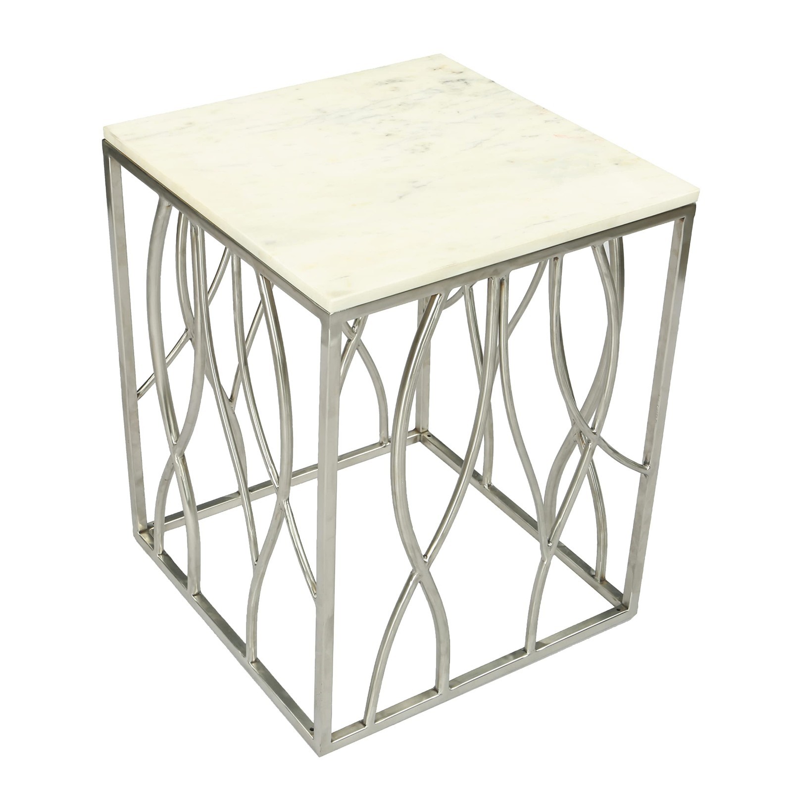Marble End Table with Stainless Steel Base - Modern Square Accent Table