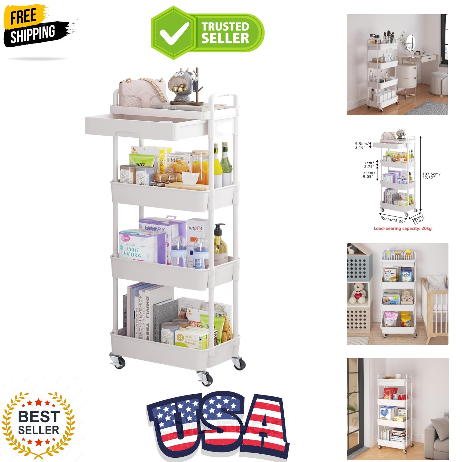 4-Tier Rolling Utility Cart with Drawer,Multifunctional Storage Organizer wit...