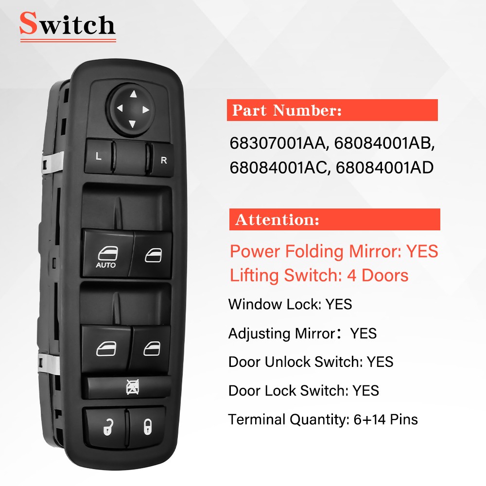 For Dodge Journey 2017-2019 Master Window Switch BlueLight Driver Door Left