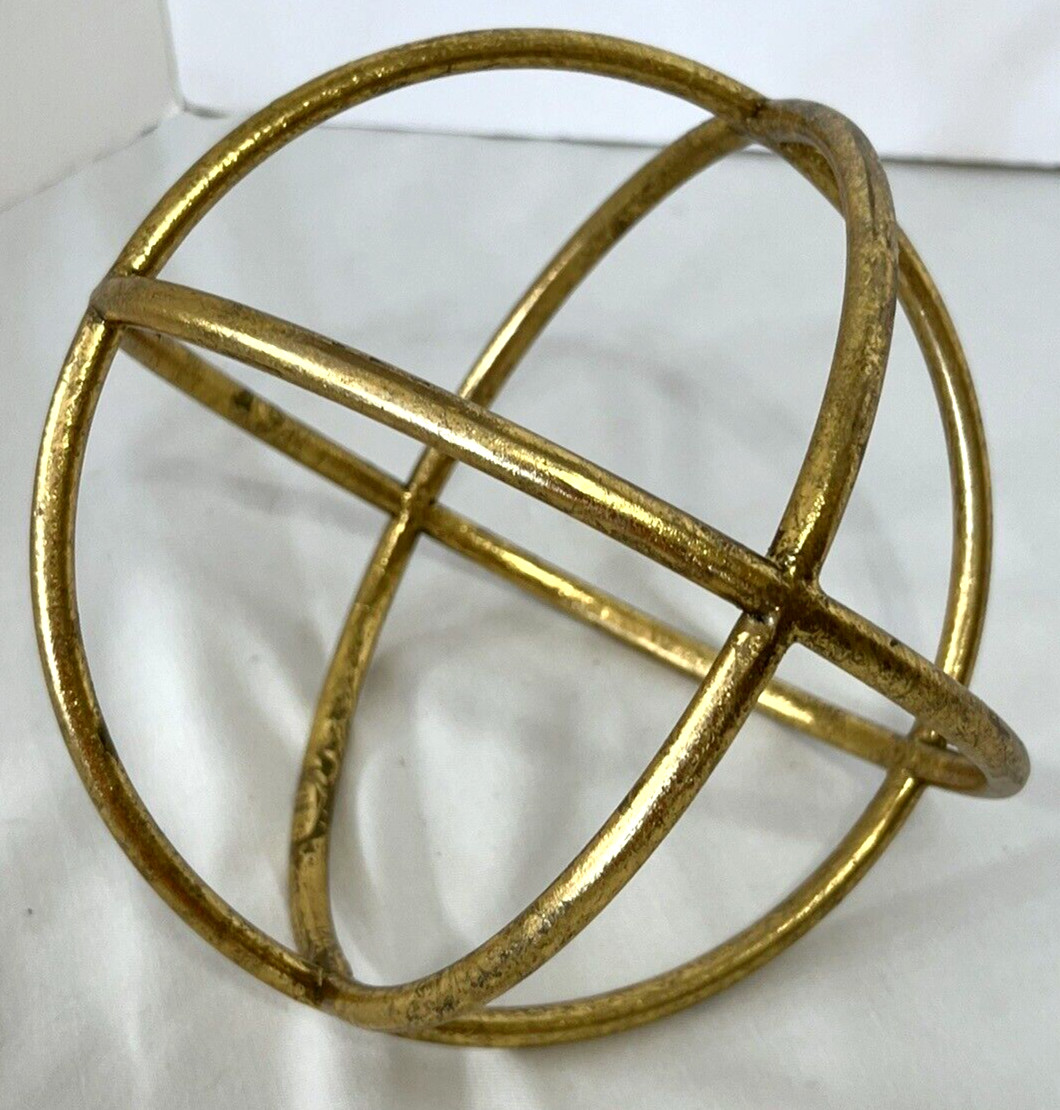 THREE-RING GOLD TONE METAL SPHERE ORB DECORATIVE MODERN 8 IN X 6.5 IN TABLETOP