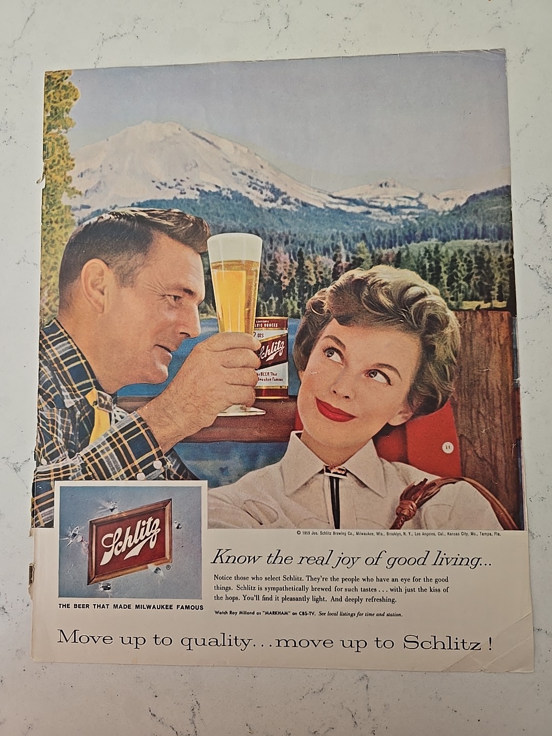 1959 Can and Glass Schlitz Beer Know real joy of good living vintage ad