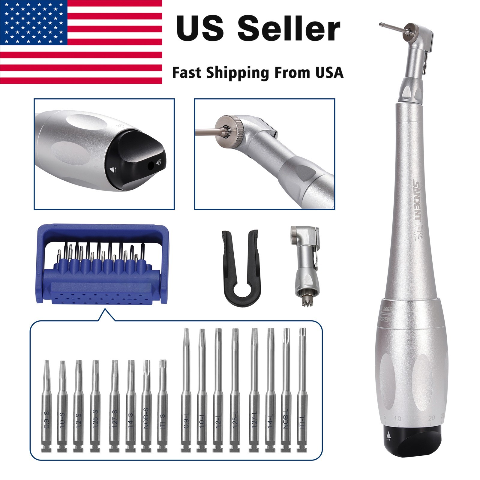 US Dental Torque Wrench Universal Implant Kit Wrench Contra Angle 16 Drivers Kit