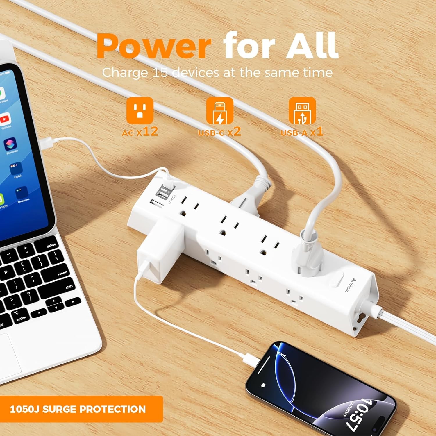 15Ft Extension Cord with Multiple Outlets, Addtam Flat Plug Power Strip Surge Pr
