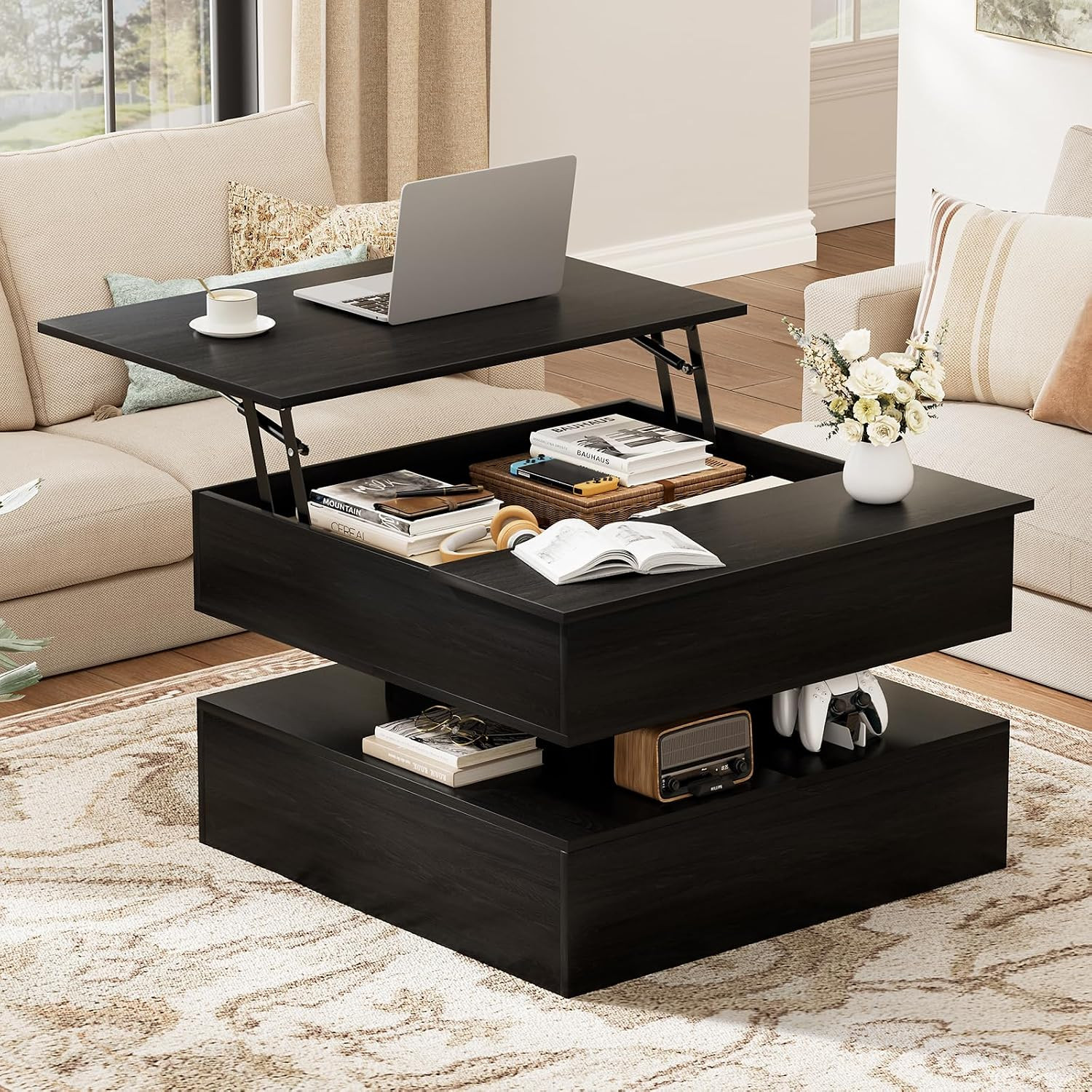 FABATO 31.5” Square Lift Top Coffee Table Hidden Storage, Black | Wood Lift up C