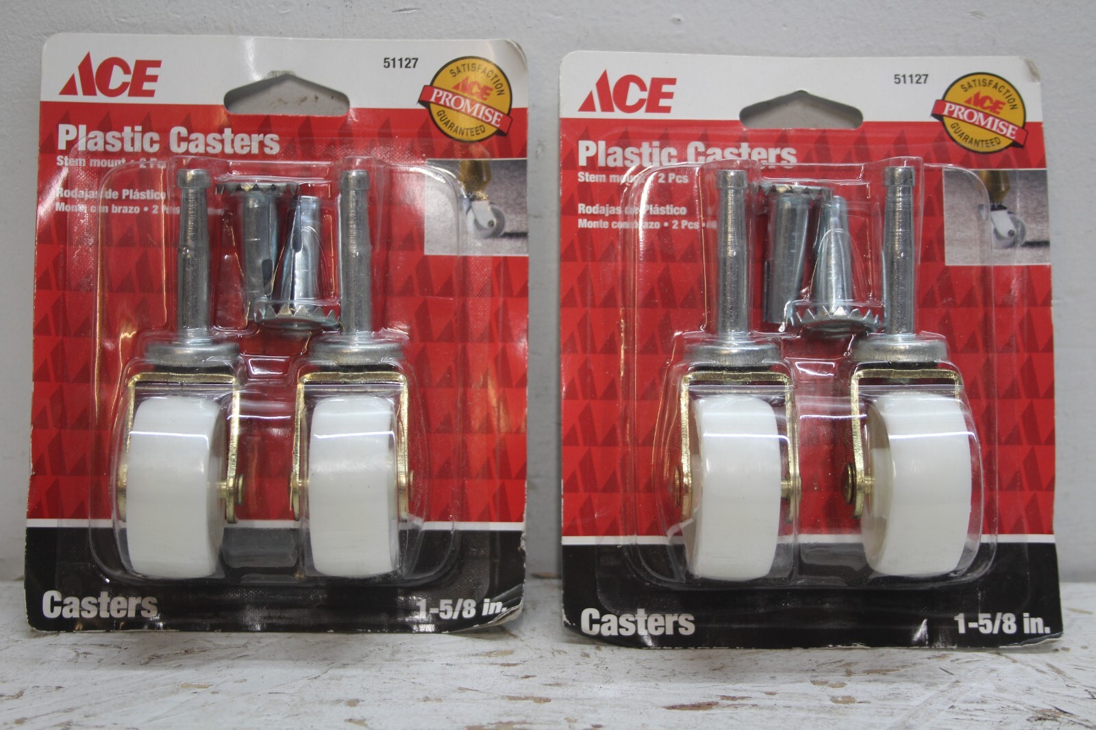 ACE 51127 Plastic Stem Casters 1-5/8” 50 lb Rating White *Lot of (2) 2-Packs