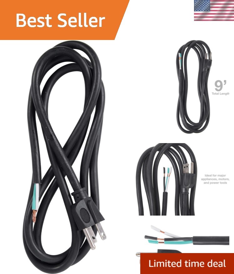 9 ft 3-Wire Power Cord 16 AWG 13A/125V - Heavy-Duty, Weather Resistant, Black
