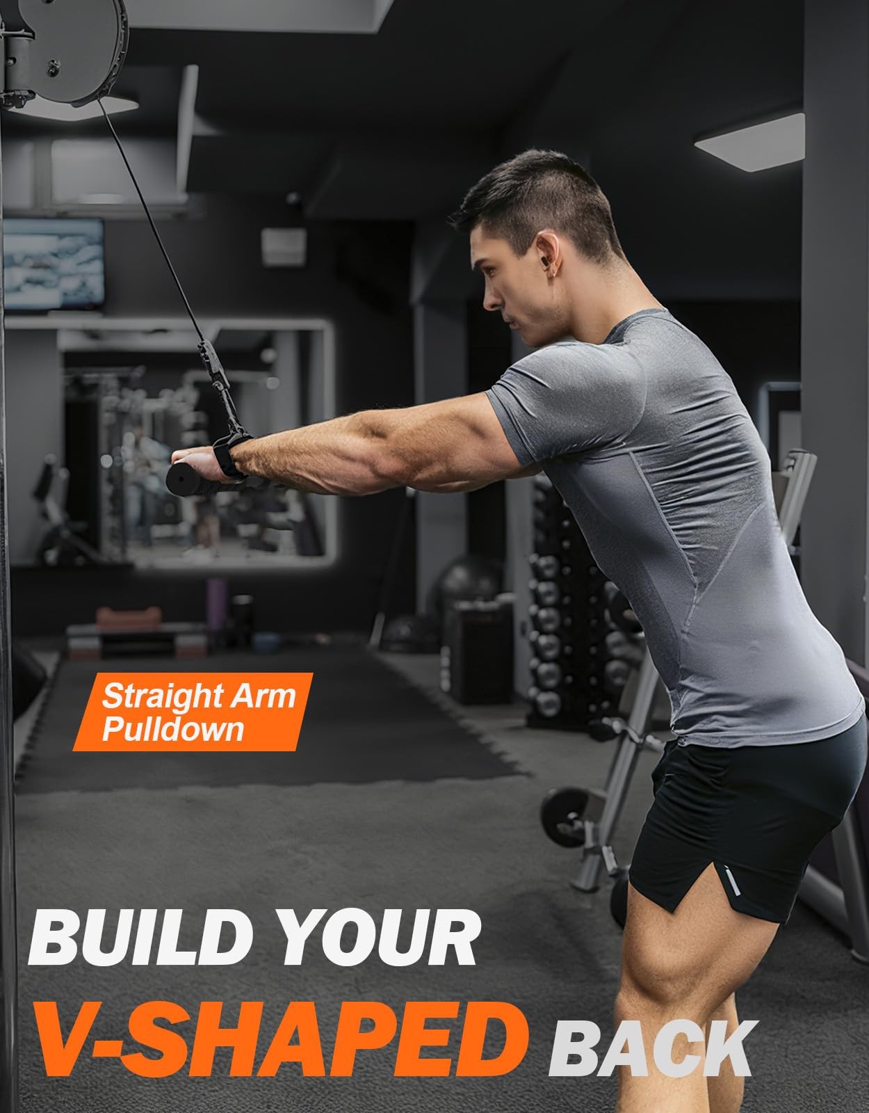 Straight Bar Cable Attachment with Fixed Ring, NonSlip Tricep Bar for Tricep